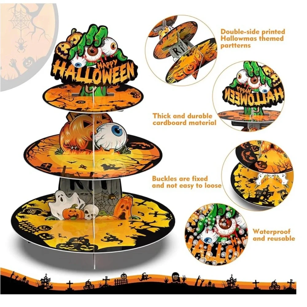 3 Tier Halloween Cupcake Stand Party Decorations, Graveyard of Terror